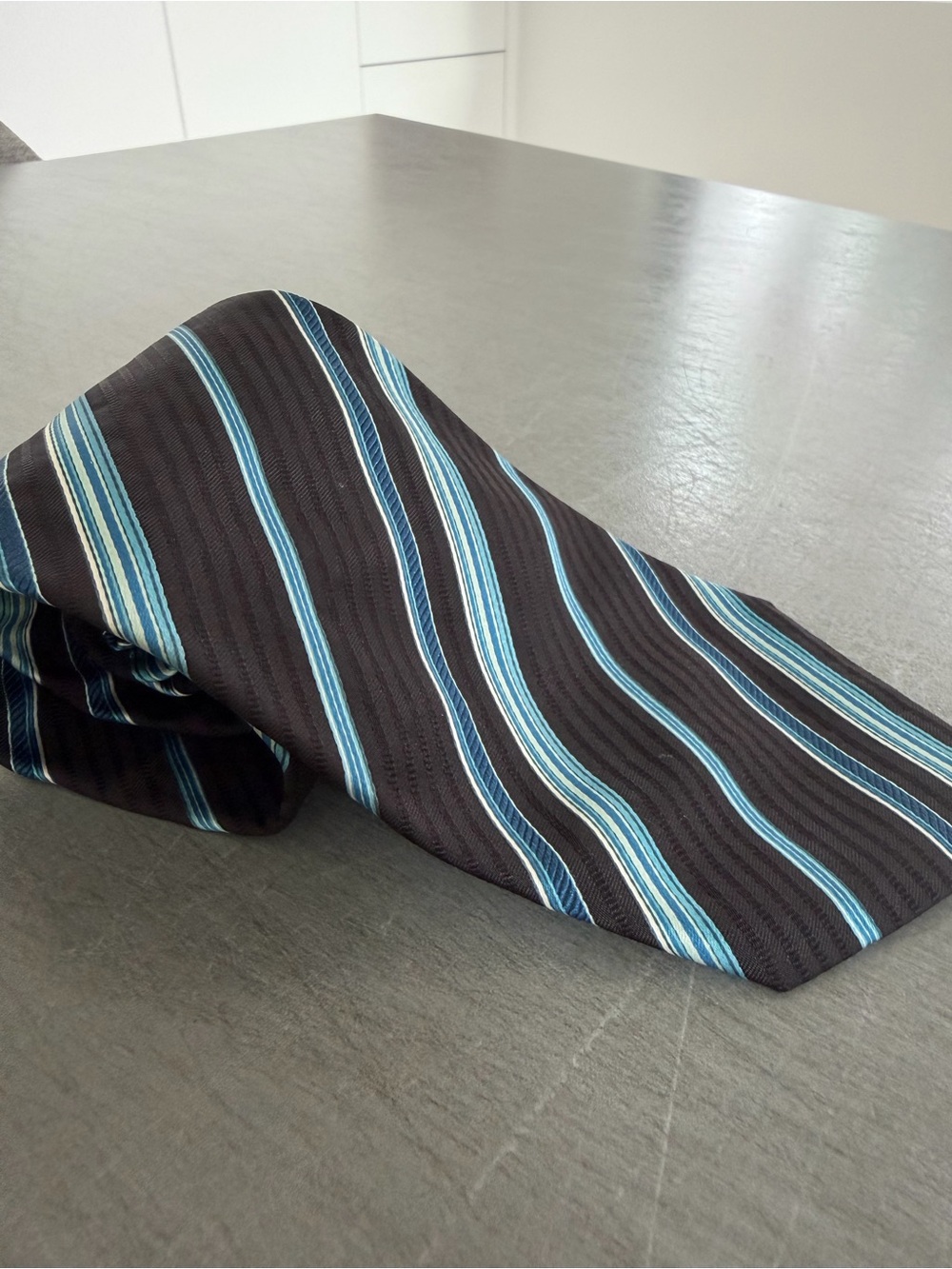 Hugo Boss Black Tie with Blue Stripe Pattern